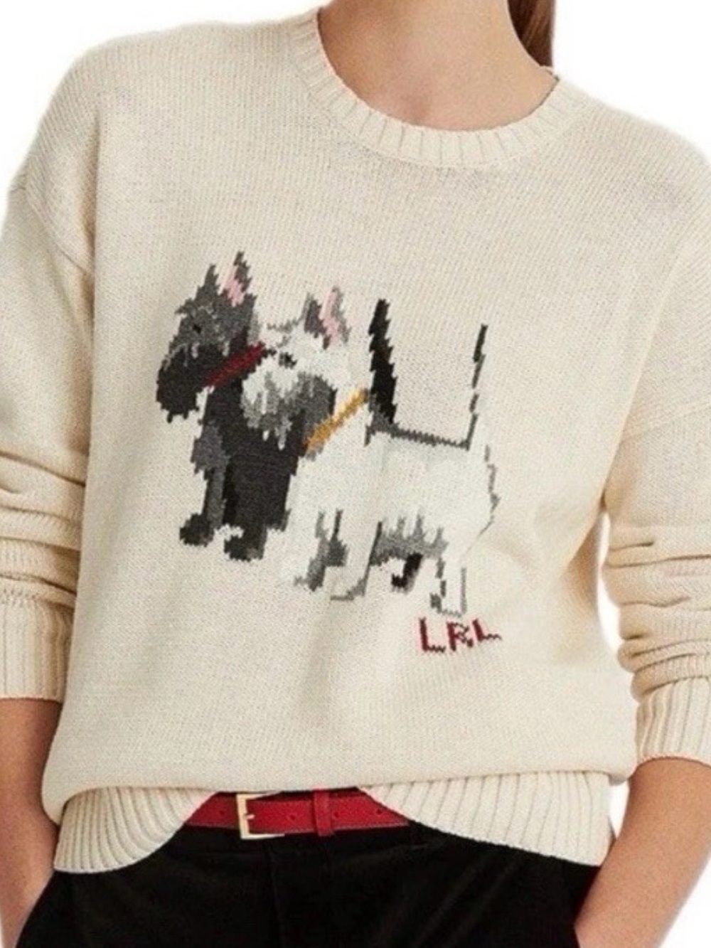 Lauren Ralph Lauren Cream Crewneck Sweater with Scottie Dog Intarsia